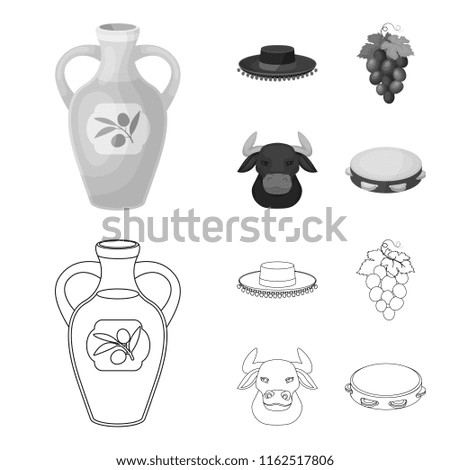 The hat of the todeador, the matador, a bunch of grapes with fists, a bull for the Spanish bullfight, a tambourine. Spain country set collection icons in outline,monochrome style vector symbol stock