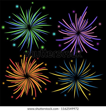 Set of fireworks on black background, stock illustration