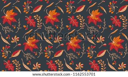 Autumn leaves in cartoon style. Seamless pattern. A cute background. Seasonal banner. September fall. October party. November  sale. Decorative border. Halloween. Maple branch.  Vector illustration.