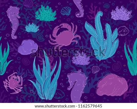 Colorful doodle pattern with repeating under sea illustrations. Seamless background with violet and blue algae, crabs, corals, seahorses. Hand-drawn ocean print