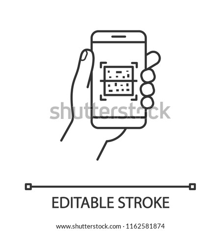 QR code smartphone scanner linear icon. Thin line illustration. Quick response code. Matrix barcode scanning mobile phone app. Contour symbol. Vector isolated outline drawing. Editable stroke