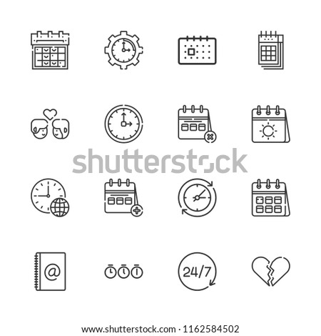 Collection of 16 date outline icons include icons such as agenda, time, calendar, clock, time management, broken heart