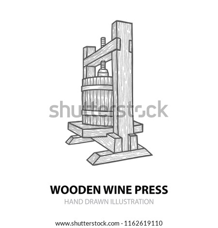 Wine press. Hand drawn wine press vector illustration.
Grape press sketch drawings set. Wine making theme concept design.