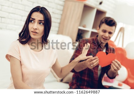 The Girl Refuses Boyfriend On Saint Valentine's Day. Love Confession. Family Quarrel. Disappointed Sweatheart's. Begging For Apologize. Unhappy Female Deny. Couple Holiday Misunderstanding. Royalty-Free Stock Photo #1162649887