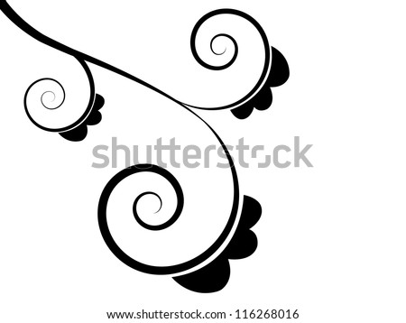Vector Horizontal Black and White Abstract Curly Swirls Background with Floral Elements and Shapes