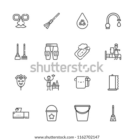 Collection of 16 hygiene outline icons include icons such as bath towel, broom, bucket, spa, towel, maid, soap, save water, pads, sink, tissue box, mask