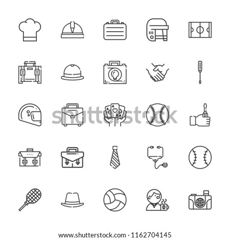 Collection of 25 professional outline icons include icons such as meeting, hand, screwdriver, helmet, stethoscope, handshake, briefcase, baseball, hockey, hockey box, racket