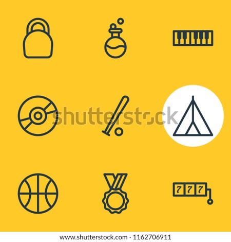 Vector illustration of 9 entertainment icons line style. Editable set of tent, cd, piano and other icon elements.