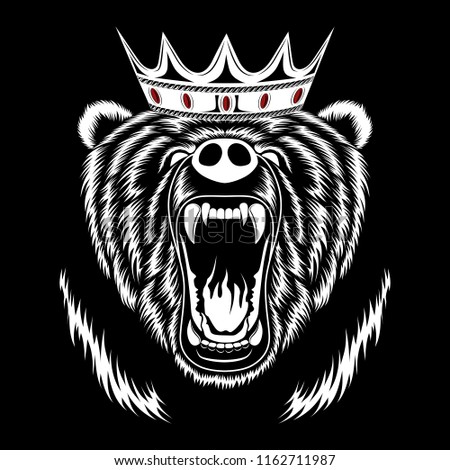 White bear in the crown on a black background. Vector image.
