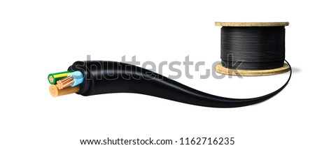 Electrical power cable on white background. Copper wire is the electric conductor of urban society. Royalty-Free Stock Photo #1162716235