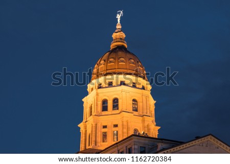 Dome of the Kansas State Capital Building in Topeka, Kansas at night
