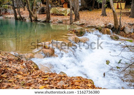 Deep green forest river waterfall flow in autumn season with colorful red, orange and brown autumn leaves. Autumn background texture concept image.