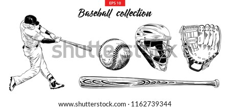 Vector engraved style illustration for posters, decoration. Hand drawn sketch set of baseball player, helmet, glove, ball and bat isolated on white background. Detailed vintage etching drawing.