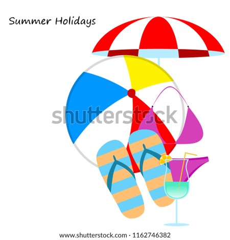 beach umbrella ball swimsuit flip flops cocktail summer holiday vector background