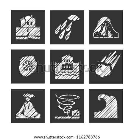 Images of various natural disasters. Vector clip art. Flat square icons. Simulated pencil shading. White figures on a gray background. 