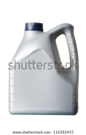 gray canister with machine oil on white background