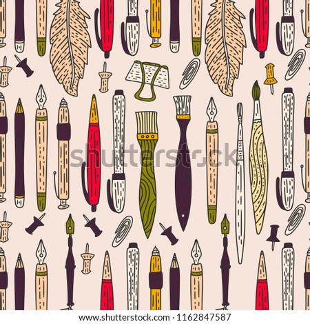 Writting accessories vector seamless pattern. Doodle color drawing supplies for school and art with detailed cartoon elements with pen, pencil, paintbrush and others.