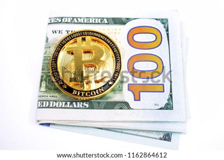 coin bitcoin and money (dollars) on a white background