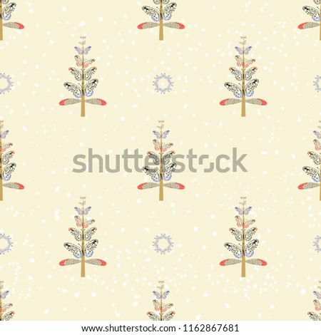  Winter trees seamless pattern on beige background from butterfly. Vector design with xmas trees, snowflakes, berries for winter holidays. Print for textile, wallpaper, wrapping paper