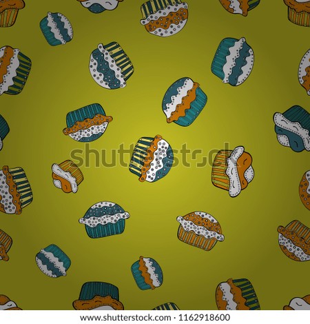 Vector illustration. Seamless pattern with hand drawn delicious cupcakes on yellow, white and blue. Beautiful food design elements, perfect for prints and patterns.