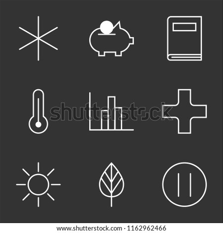 9 simple transparent vector icon pack, set of black icons such as Pause Circular Button, Tree Leaf, Brightness, Hospital, Statistics, Temperature, Book, Savings, Miscellaneus