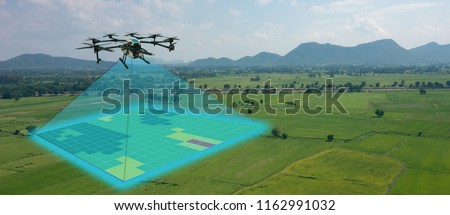 drone for agriculture, drone use for various fields like research analysis, safety,rescue, terrain scanning technology, monitoring soil hydration ,yield problem and send data to smart farmer on tablet Royalty-Free Stock Photo #1162991032