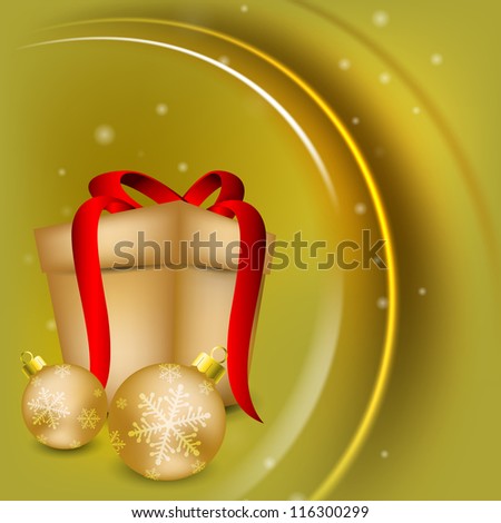 Merry Christmas greeting card, invitation card or gift card decorated with snowflakes, Xmas ball and gift boxes. EPS 10.