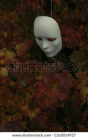 Stark white face mask against a colorful Autumn backdrop