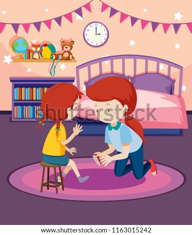 mother helping daughter put on shoe illustration
