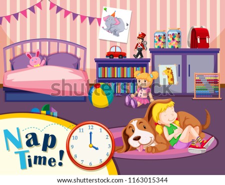 Young girl and dog nap time illustration