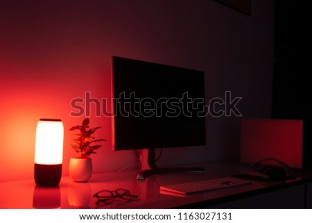 Laptop red light desksetup with plant on desk
