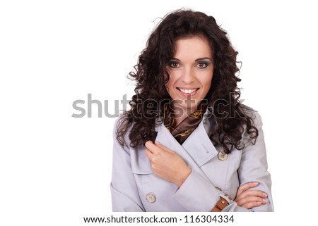 Portrait of young attractive smiling woman in jacket, isolated on white