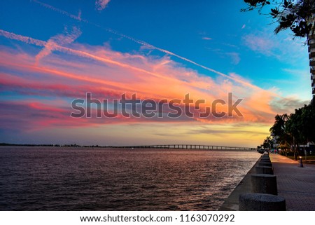 Beautiful view from sea and sky at sunset in Brickell, Miami, United States