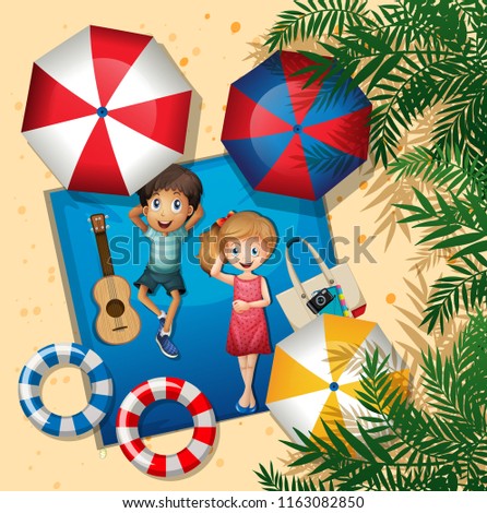Boy and girl relaxing at the beach aerial view illustration