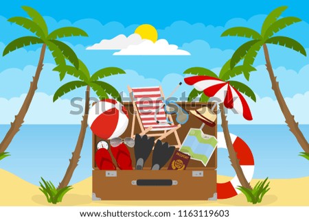 Banner of summer holidays. A tourist suitcase with things for travel and recreation. Flat design, vector illustration, vector.