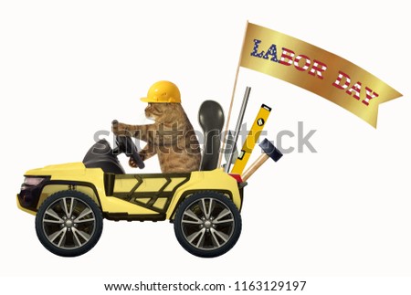 The cat in a helmet is driving a yellow suv with a banner " labor day ". White background.