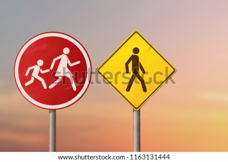Divorce, quarrel, conflict - woman with a child running after a man. Road signs. 