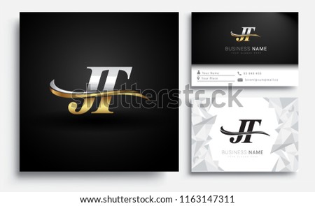 initial letter JT logotype company name colored gold and silver swoosh design. Vector sets for business identity on white background.