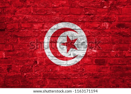Flag of Tunisia over an old brick wall background, surface