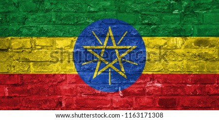 Flag of Ethiopia over an old brick wall background, surface