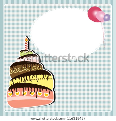 Vector illustration of Birthday card with cake and balloons