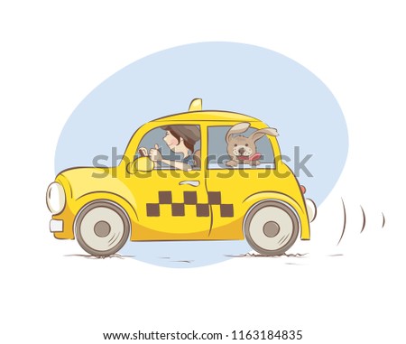 Cheerful taxi / Girl driver and pet friendly taxi, vector illustration.