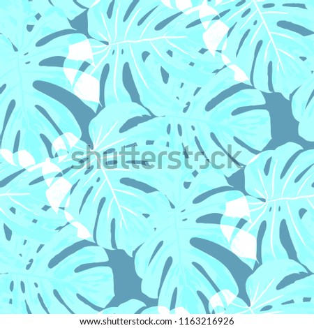 Tropical Leaves. Seamless Texture with Bright Hand Drawn Leaves of Monstera. Spring Rapport for Print, Paper, Swimwear. Vector Seamless Background with Tropic Plants. Watercolor Effect.