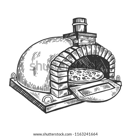 pizza oven engraving vector illustration. Scratch board style imitation. Black and white hand drawn image.