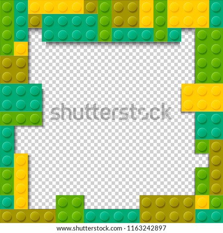 Vector template frame for photo of plastic details in green color. Pattern of shiny plastic construction blocks of different sizes.
