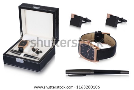 Perfect combo of men accessories of black and copper metal materiel cufflinks, black ballpoint pen and black straps wrist watch with golden outer dial, make this box elegant.   