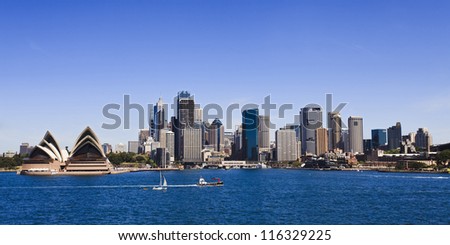Sydney city CBD panoramic view sunny summer day blue sky and water over harbour australia landmark