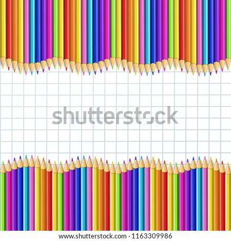 Vector square wavy border frame made of multicolor wooden pencils rows on white check notebook sheet background. Back to school framework bordering template concept, with copy space for text.