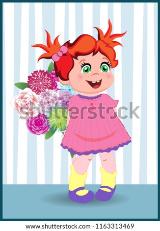 Vector illustration of cute cartoon little girl character with ginger hair wearing pink dress holding flowers on striped wallpaper background. Kawaii baby for greeting card design, postcard clip art. 