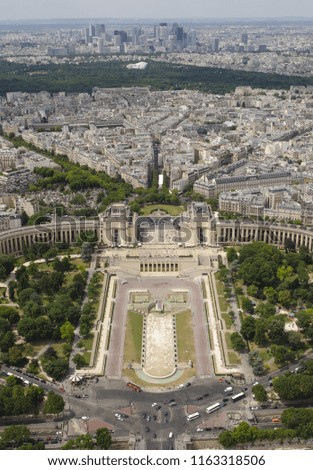 Panorama of Paris city and buildings around Challiot Palace, view from the top of Eifel Tower in midday 